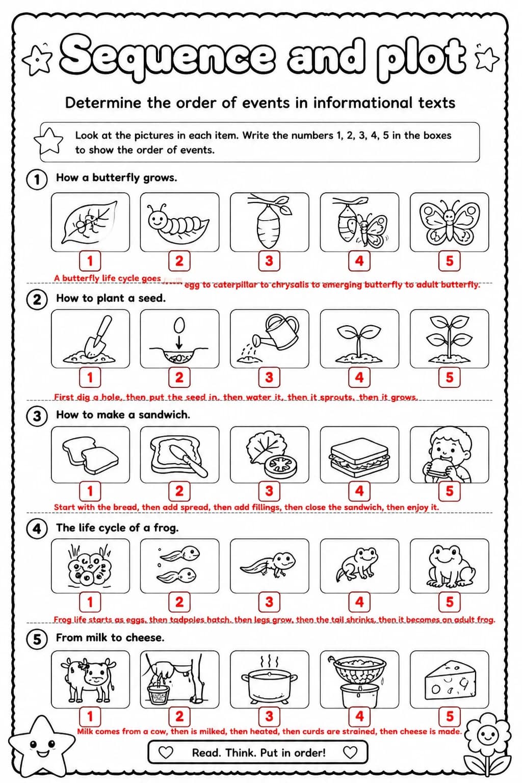 Answer key for Determine the order of events in informational texts — free printable English & Reading worksheet