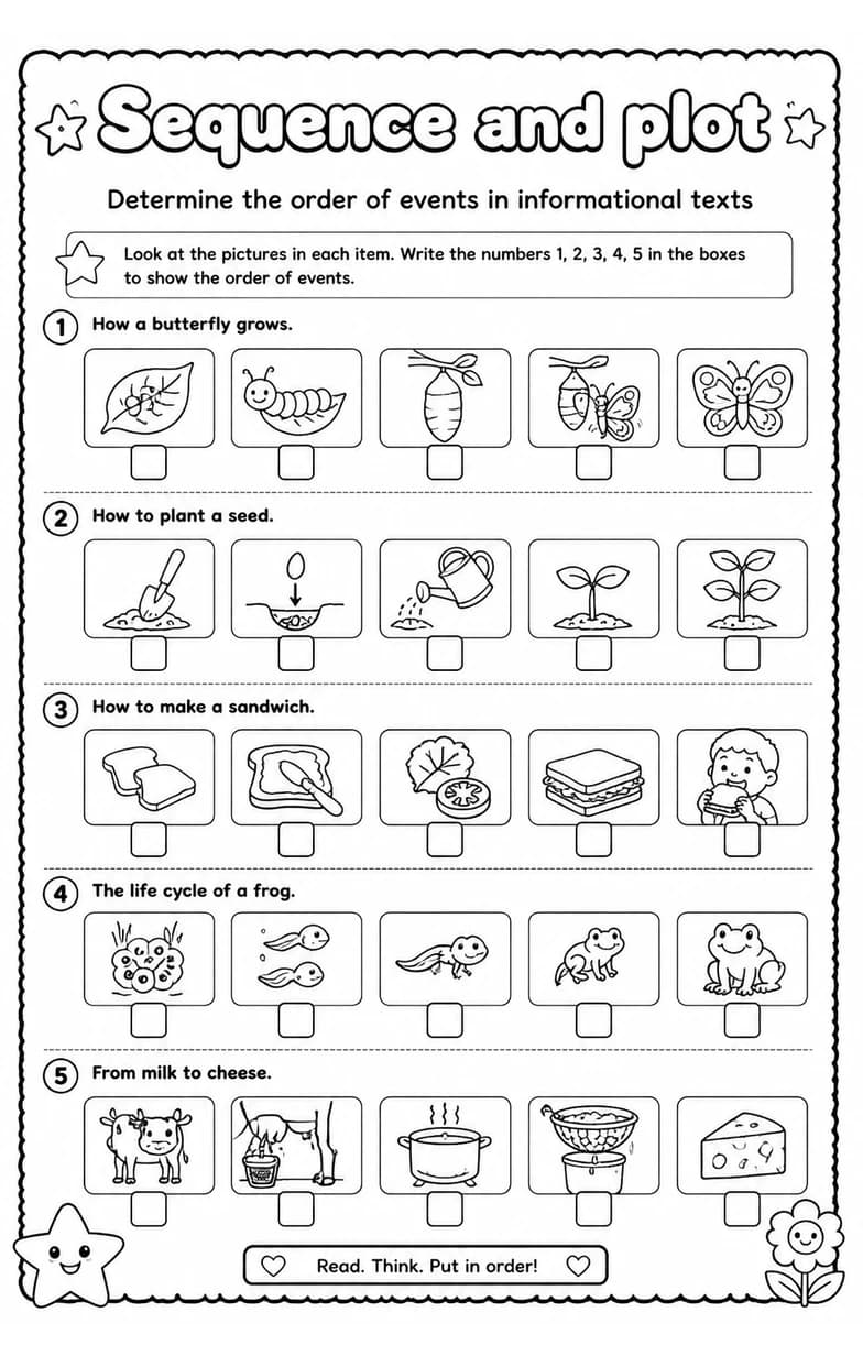 Determine the order of events in informational texts — free printable Grade 1 English & Reading worksheet
