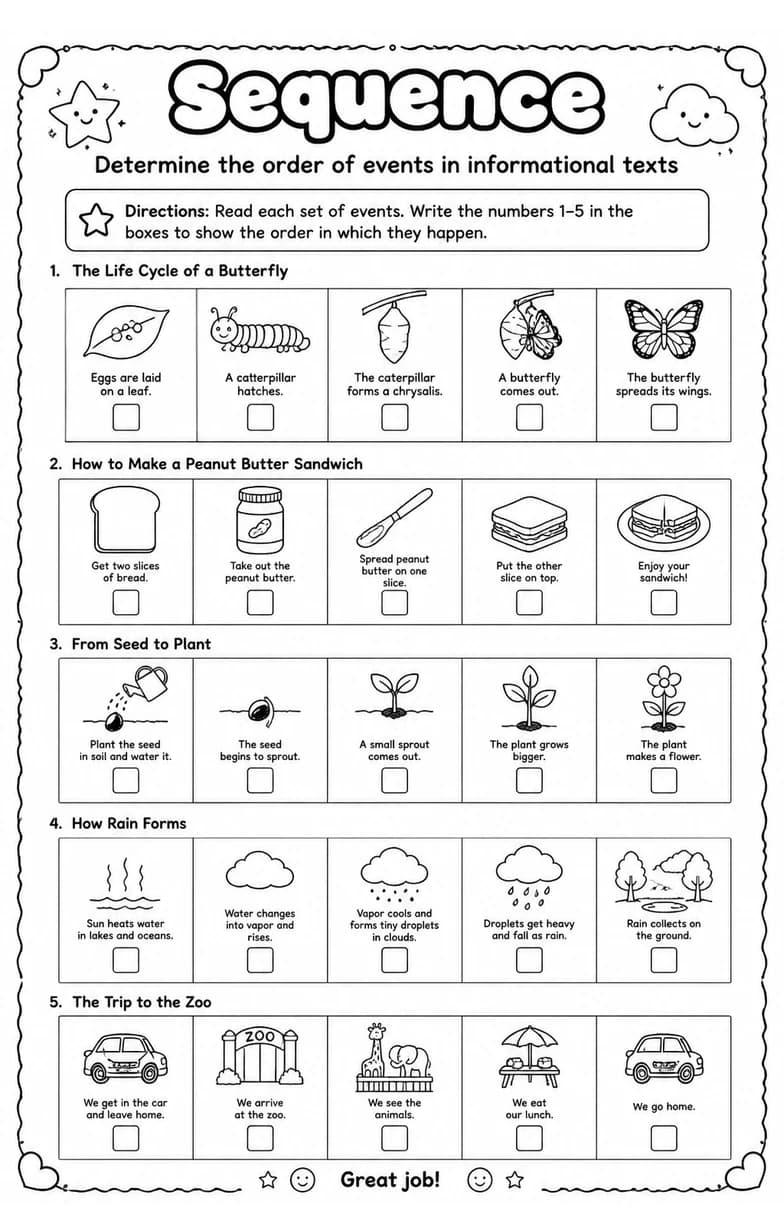 Determine the order of events in informational texts — free printable Reading strategies English worksheet