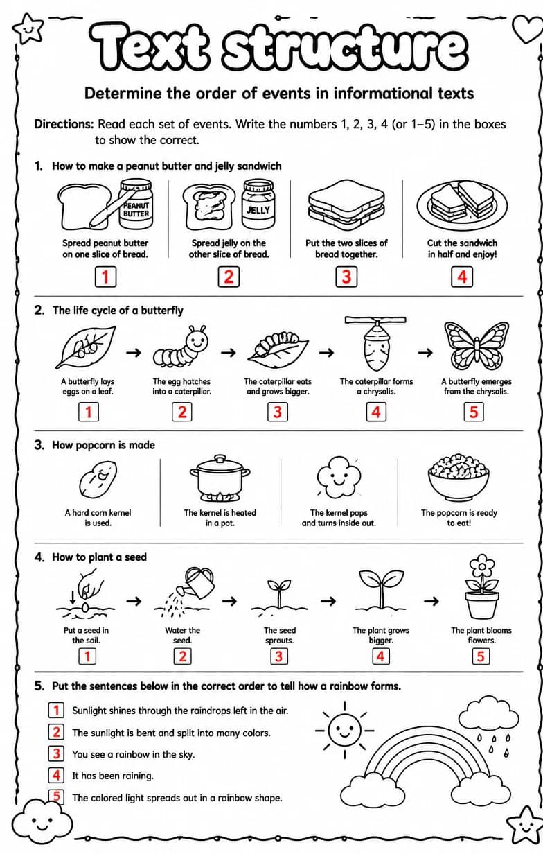 Answer key for Determine the order of events in informational texts — free printable English & Reading worksheet