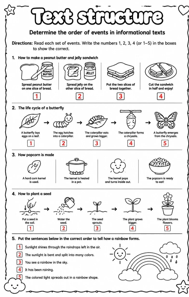 Answer key for Determine the order of events in informational texts — free printable English & Reading worksheet
