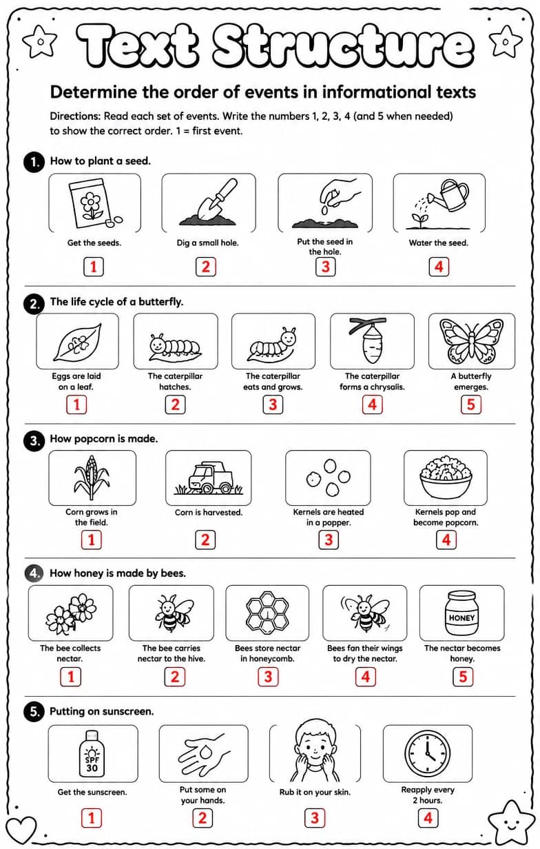 Answer key for Determine the order of events in informational texts — free printable English & Reading worksheet