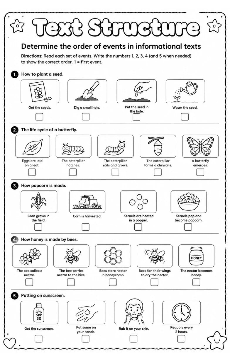 Determine the order of events in informational texts — free printable Grade 5 English & Reading worksheet