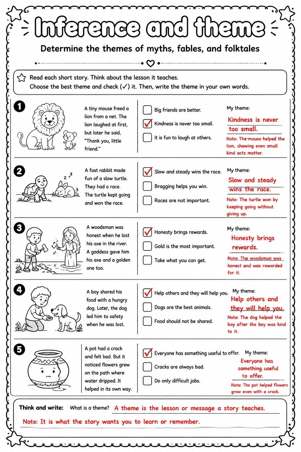 Answer key for Determine the themes of myths, fables, and folktales — free printable English & Reading worksheet