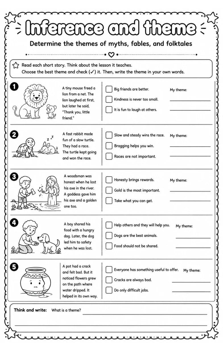Determine the themes of myths, fables, and folktales — free printable Reading strategies English worksheet