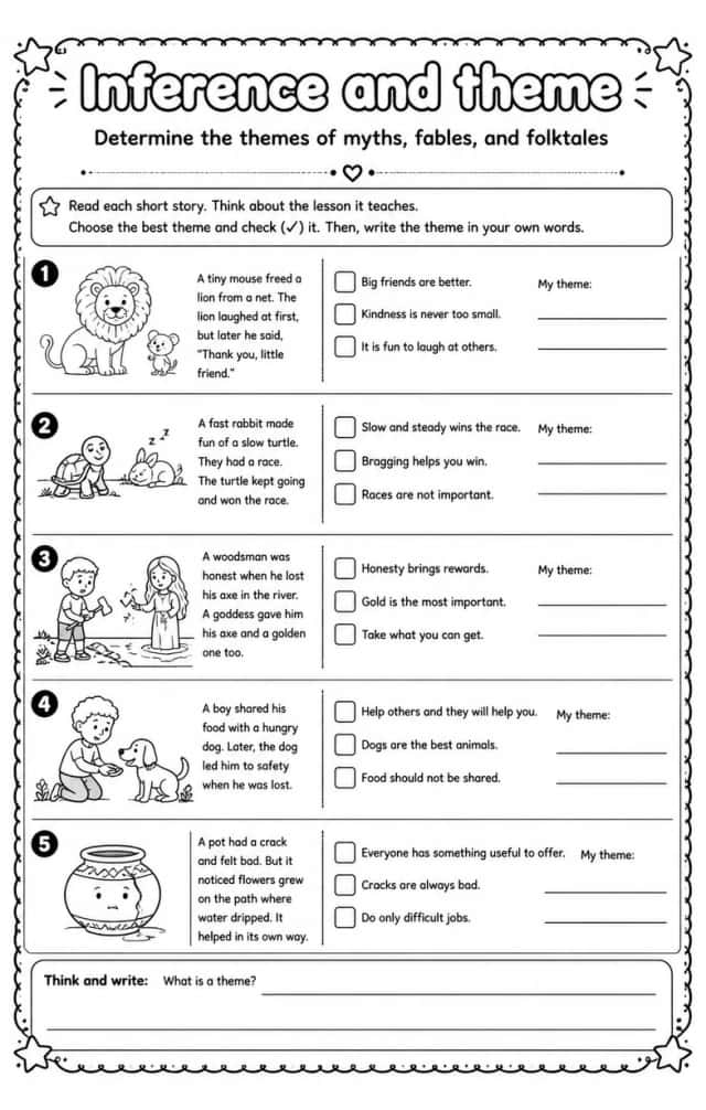 Determine the themes of myths, fables, and folktales