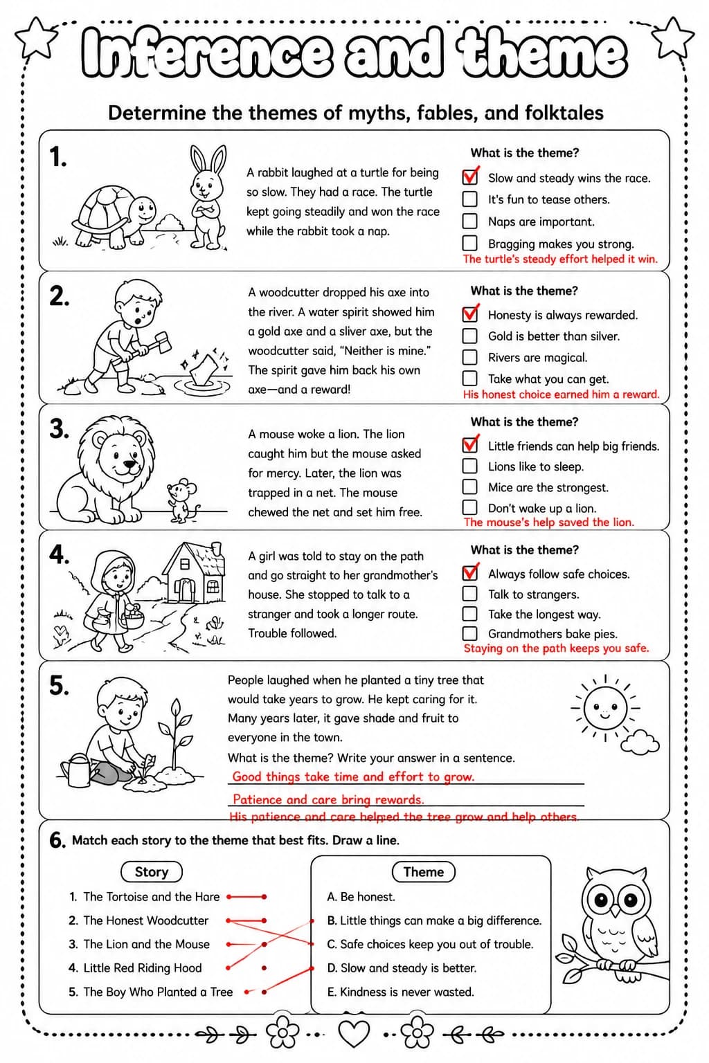 Answer key for Determine the themes of myths, fables, and folktales — free printable English & Reading worksheet