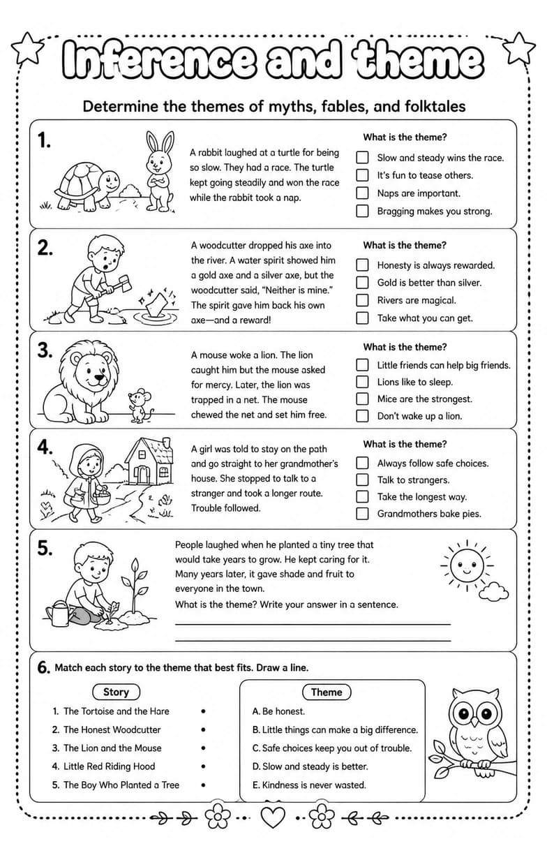 Determine the themes of myths, fables, and folktales — free printable Grade 3 English & Reading worksheet