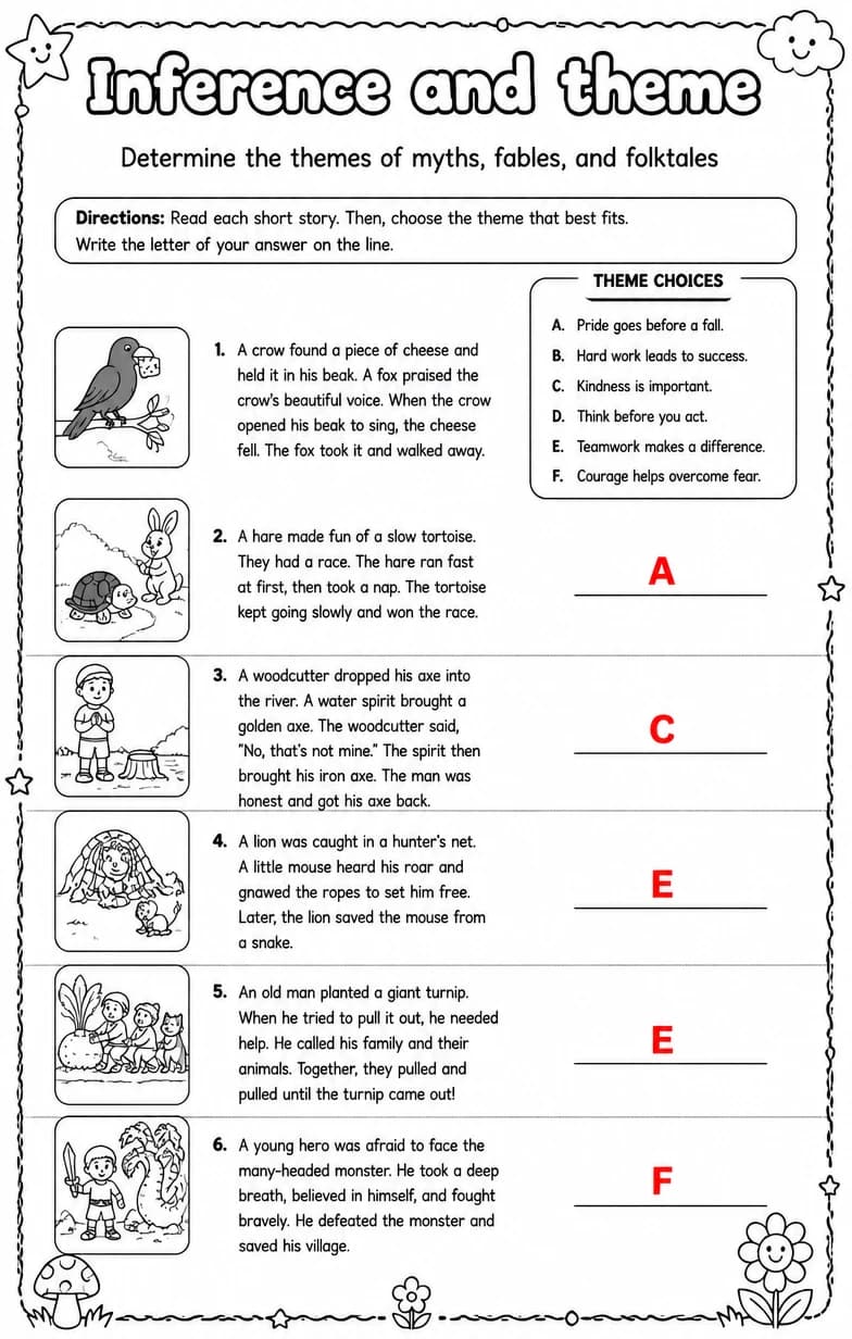 Answer key for Determine the themes of myths, fables, and folktales — free printable English & Reading worksheet