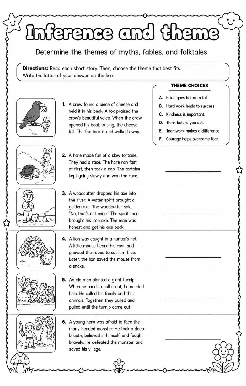 Determine the themes of myths, fables, and folktales