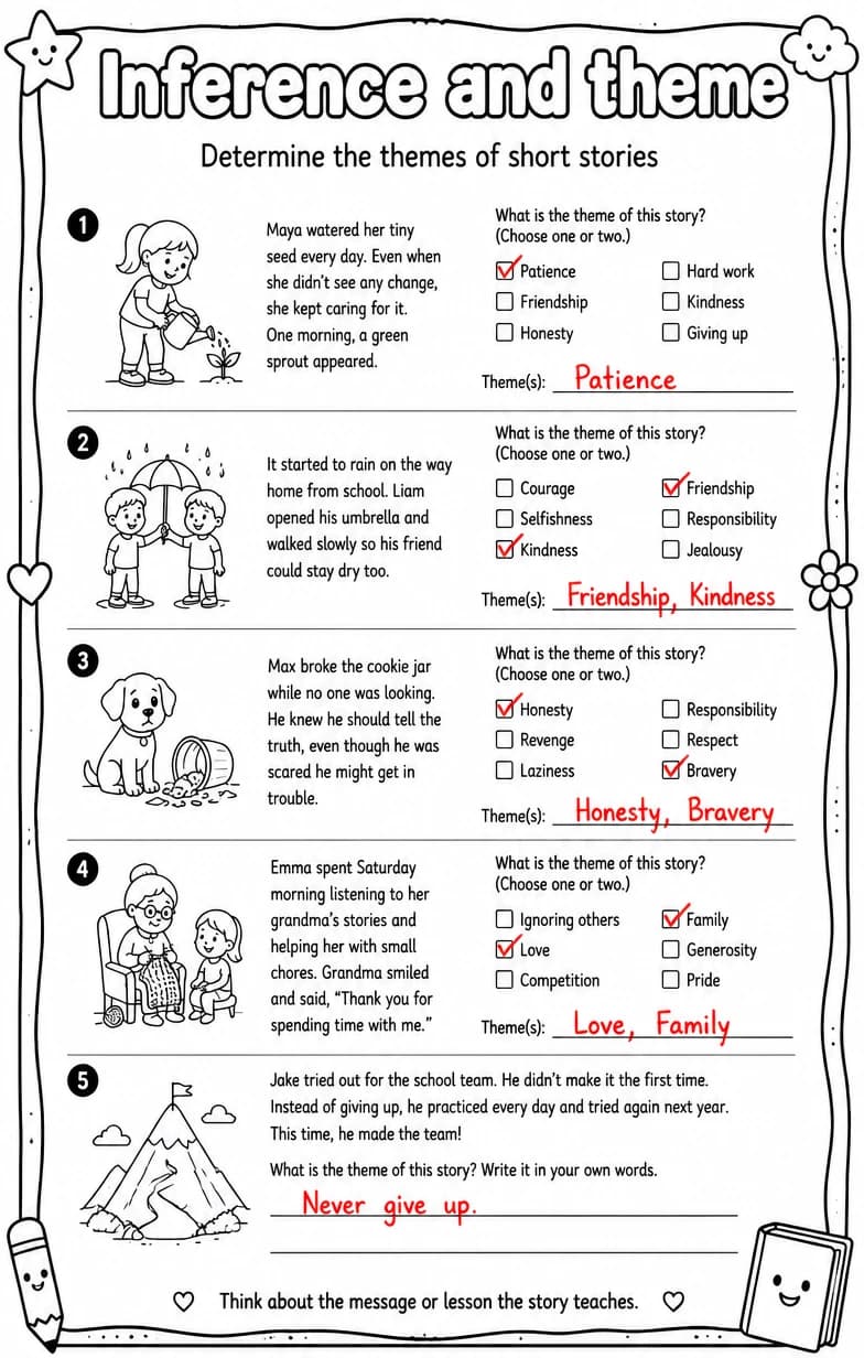 Answer key for Determine the themes of short stories — free printable English & Reading worksheet