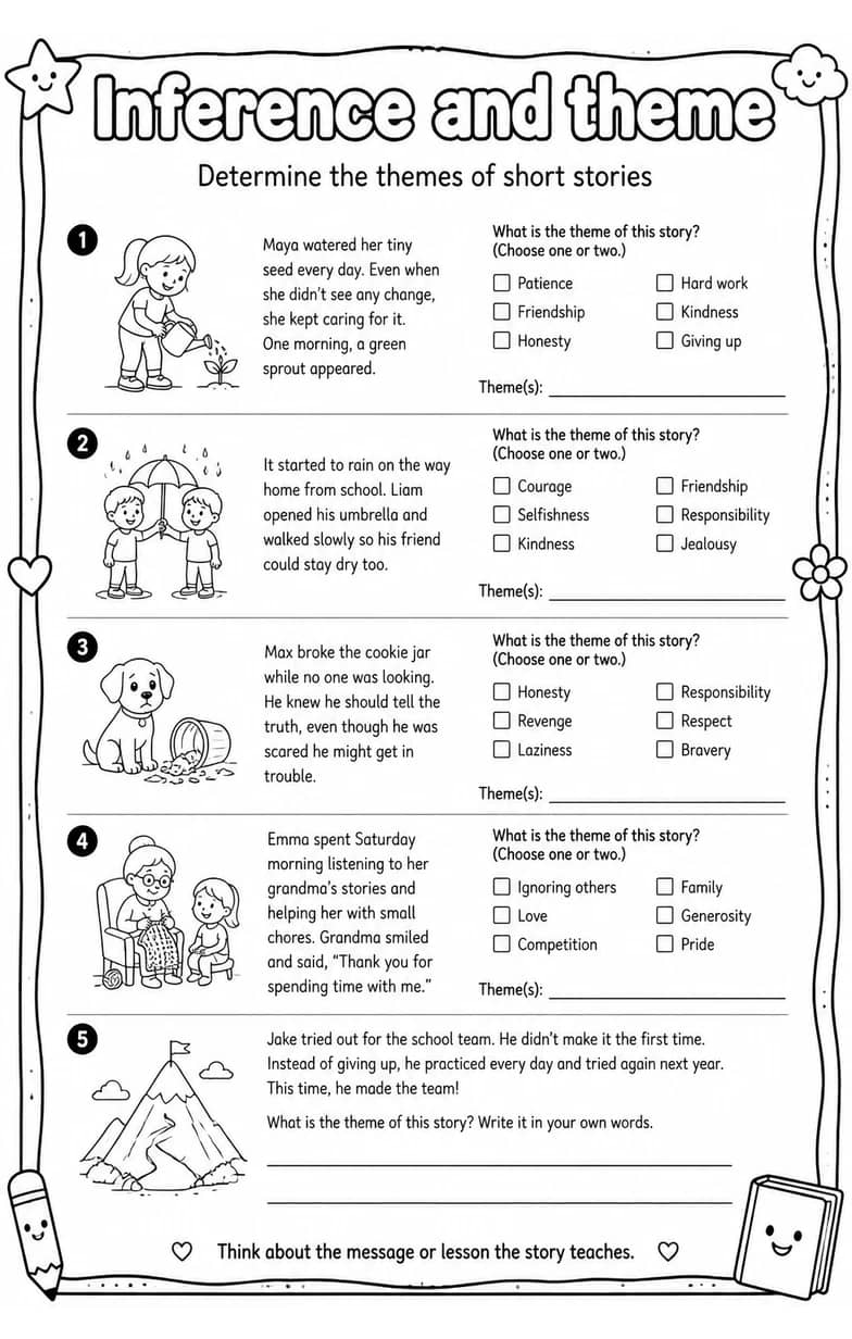 Determine the themes of short stories — free printable Reading strategies English worksheet