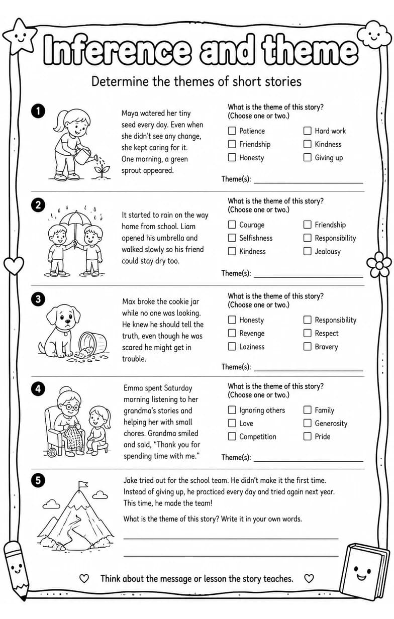 Determine the themes of short stories — free printable Reading strategies English worksheet