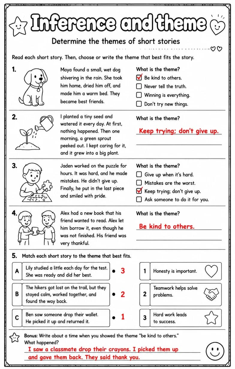 Answer key for Determine the themes of short stories — free printable English & Reading worksheet