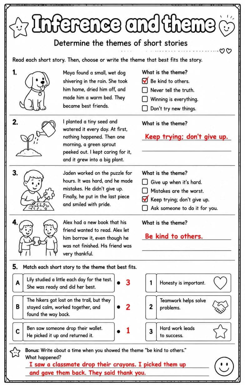 Answer key for Determine the themes of short stories — free printable English & Reading worksheet