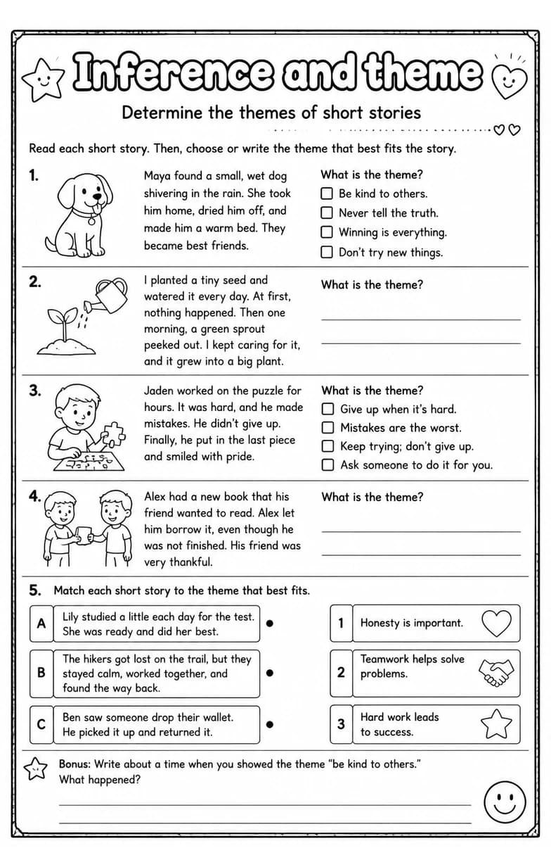 Determine the themes of short stories — free printable Reading strategies English worksheet