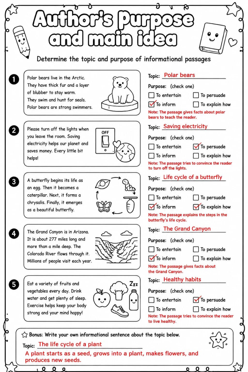 Answer key for Determine the topic and purpose of informational passages — free printable English & Reading worksheet