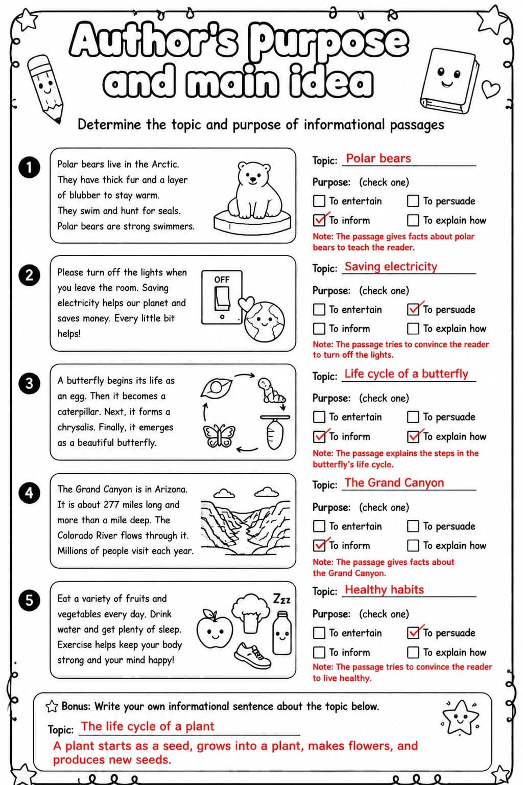 Answer key for Determine the topic and purpose of informational passages — free printable English & Reading worksheet