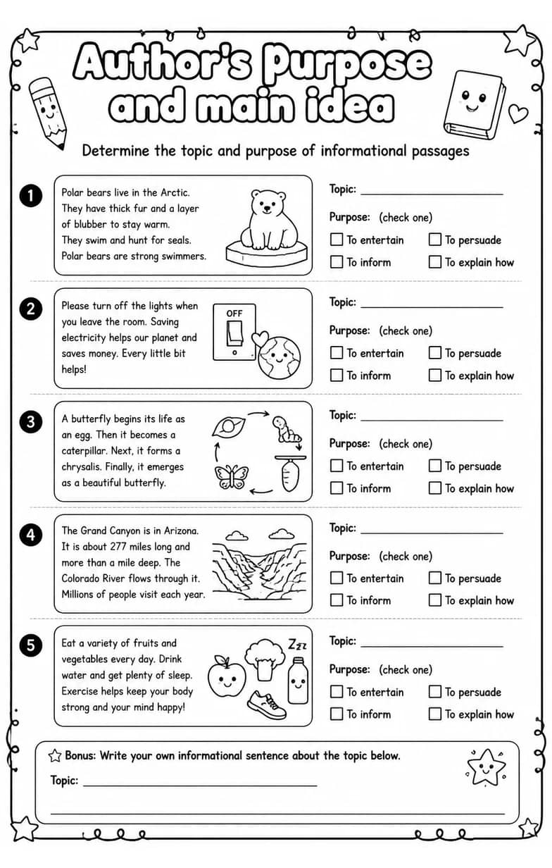 Determine the topic and purpose of informational passages — free printable Reading strategies English worksheet