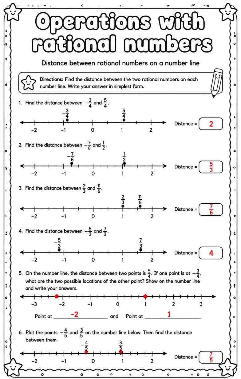 Answer key for Distance between rational numbers on a number line — free printable Math worksheet