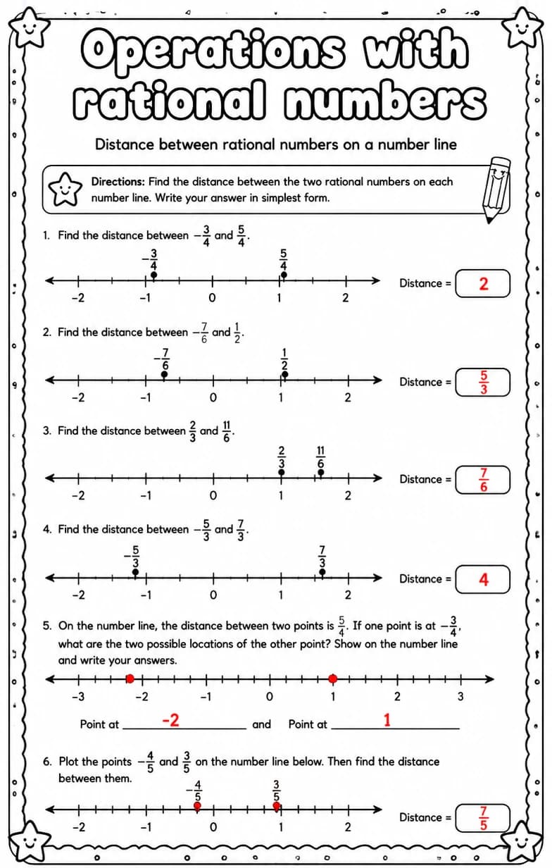 Answer key for Distance between rational numbers on a number line — free printable Math worksheet