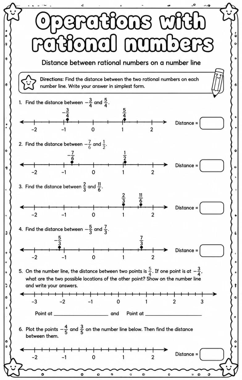Distance between rational numbers on a number line — free printable Grade 7 math worksheet
