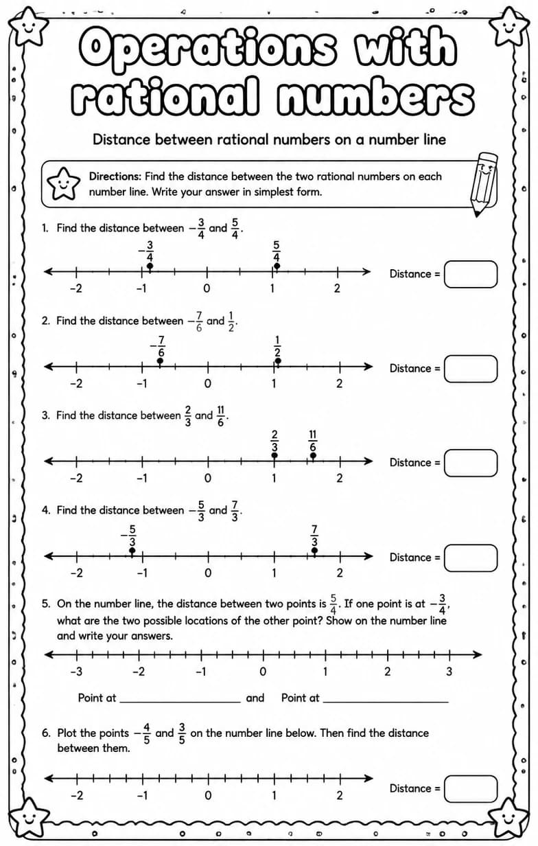 Distance between rational numbers on a number line — free printable Grade 7 math worksheet
