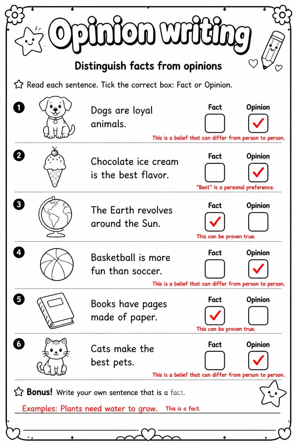 Answer key for Distinguish facts from opinions — free printable English & Reading worksheet