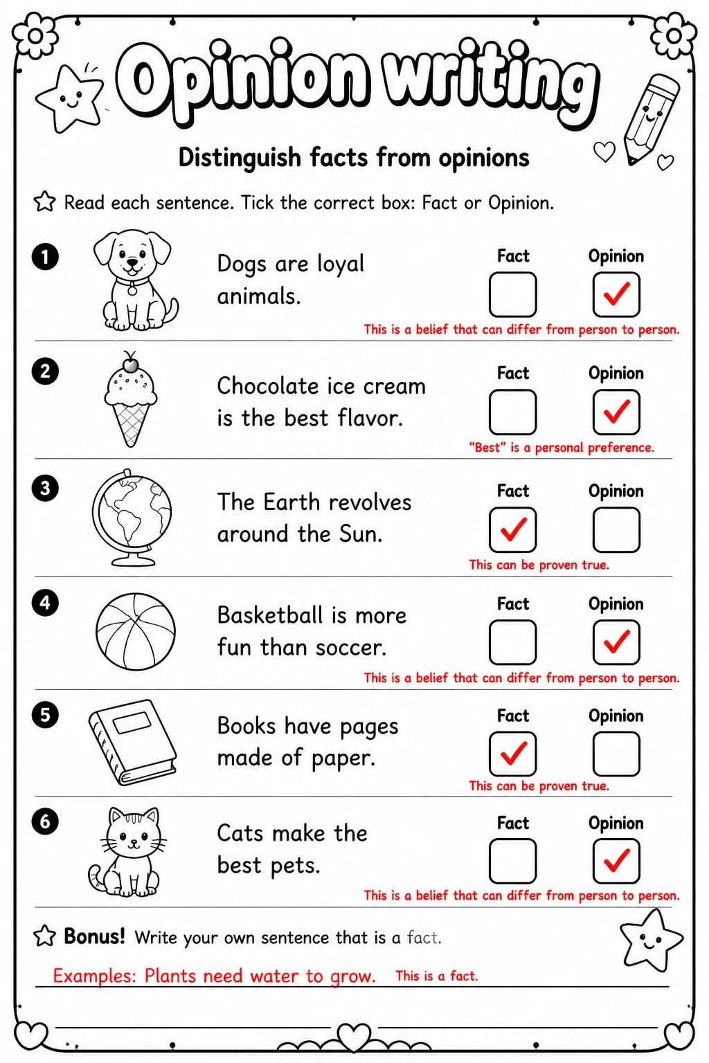 Answer key for Distinguish facts from opinions — free printable English & Reading worksheet