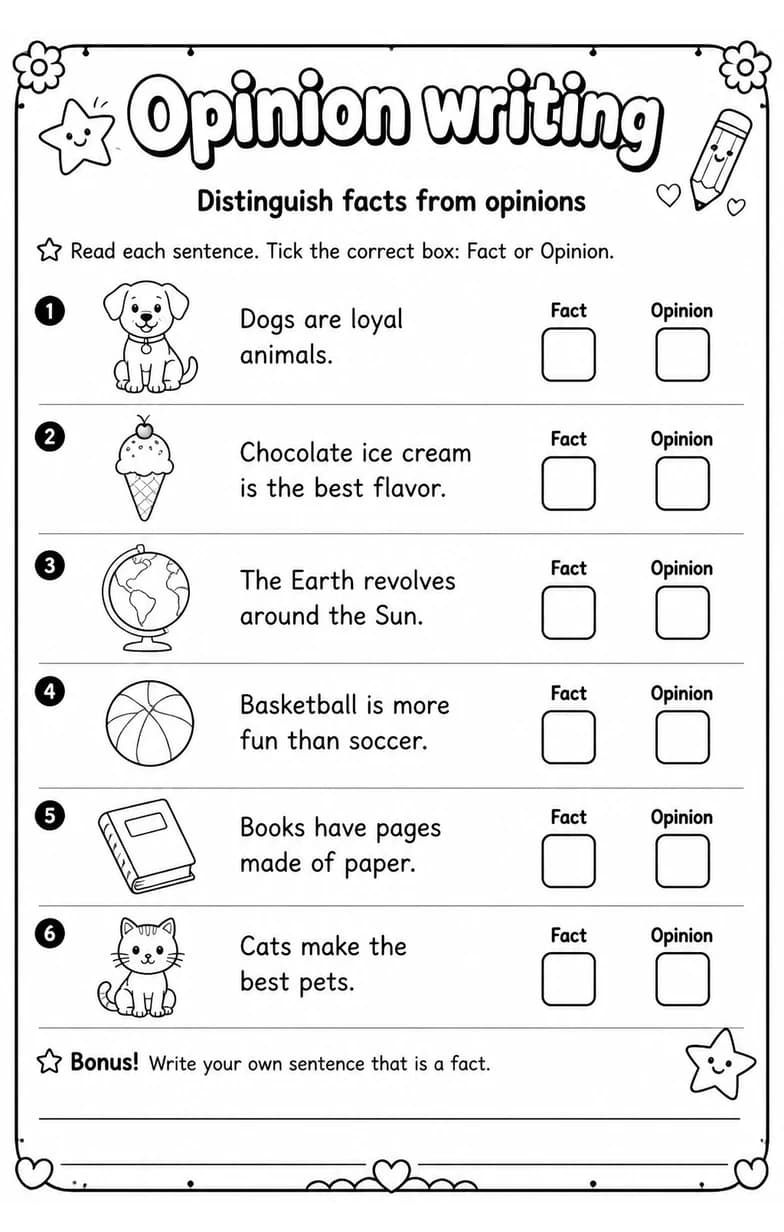 Distinguish facts from opinions — free printable Writing strategies English worksheet