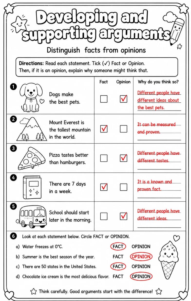 Answer key for Distinguish facts from opinions — free printable English & Reading worksheet