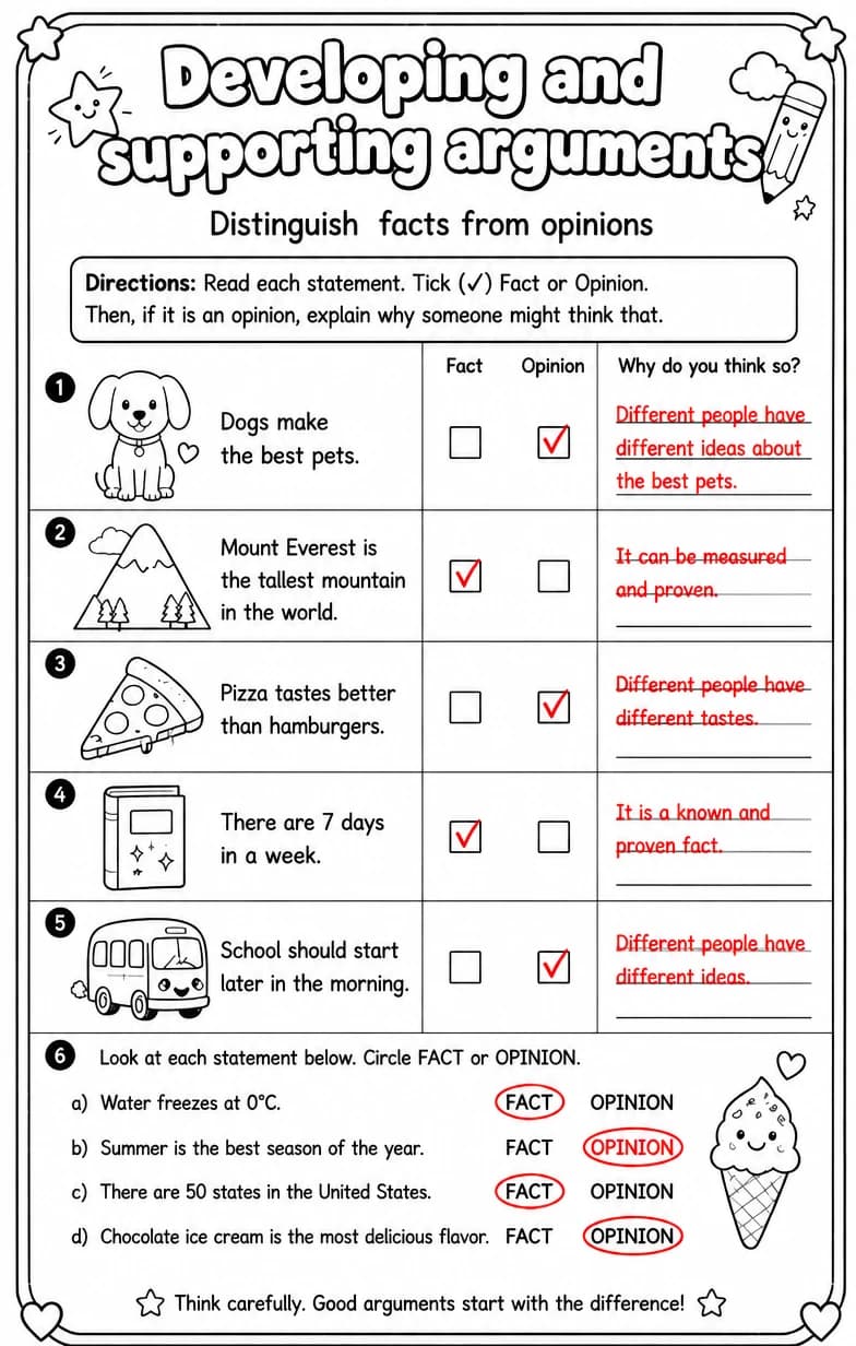 Answer key for Distinguish facts from opinions — free printable English & Reading worksheet