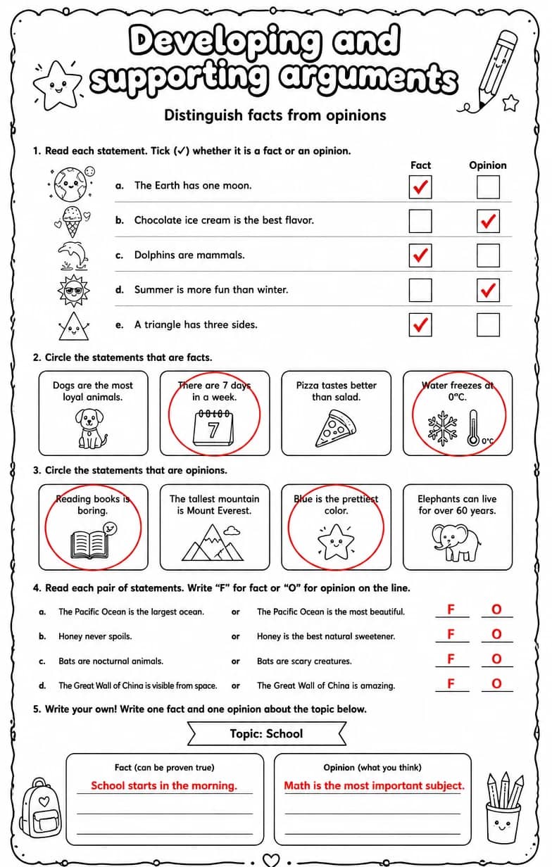Answer key for Distinguish facts from opinions — free printable English & Reading worksheet