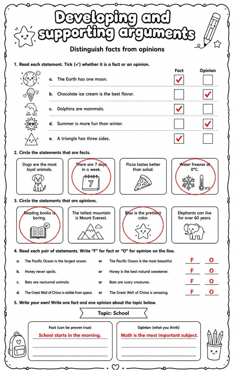 Answer key for Distinguish facts from opinions — free printable English & Reading worksheet