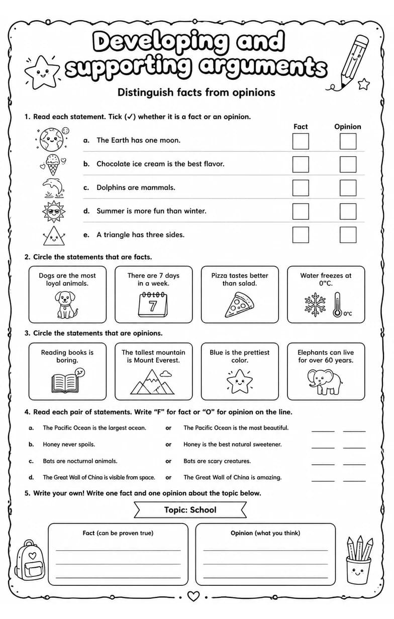 Distinguish facts from opinions — free printable Grade 5 English & Reading worksheet