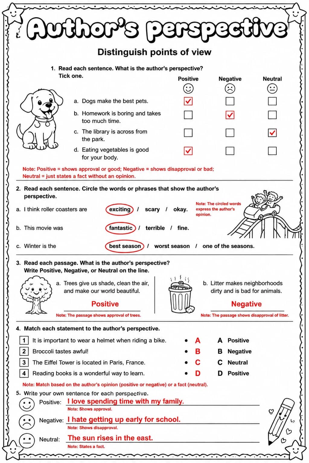Answer key for Distinguish points of view — free printable English & Reading worksheet