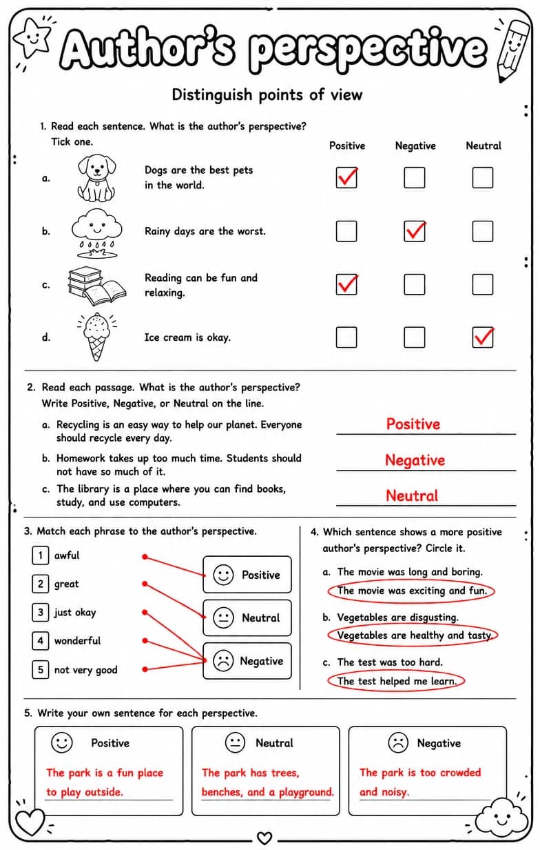 Answer key for Distinguish points of view — free printable English & Reading worksheet