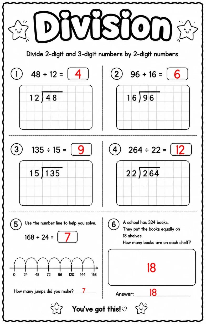 Answer key for Divide 2-digit and 3-digit numbers by 2-digit numbers — free printable Math worksheet