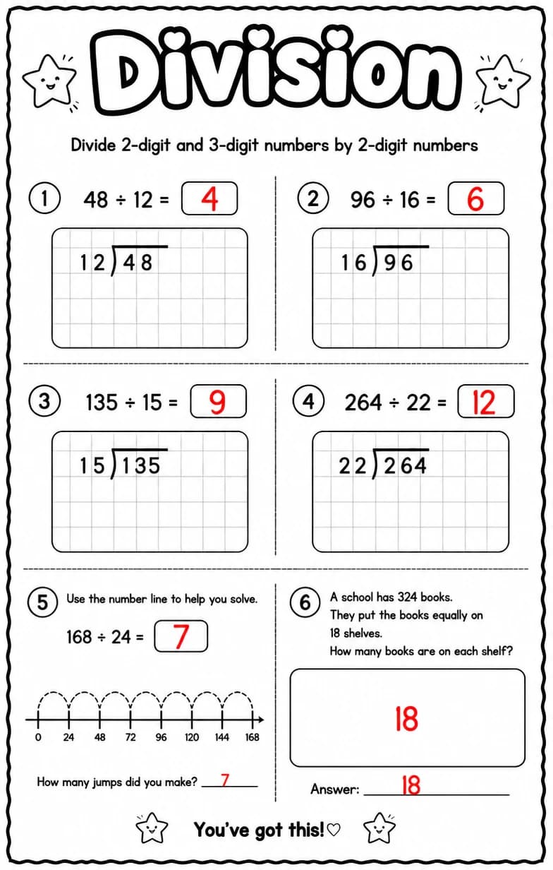 Answer key for Divide 2-digit and 3-digit numbers by 2-digit numbers — free printable Math worksheet