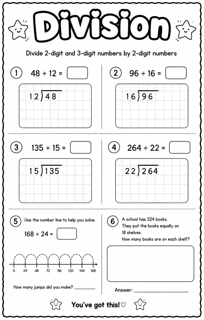 Divide 2-digit and 3-digit numbers by 2-digit numbers — free printable Grade 5 Math worksheet