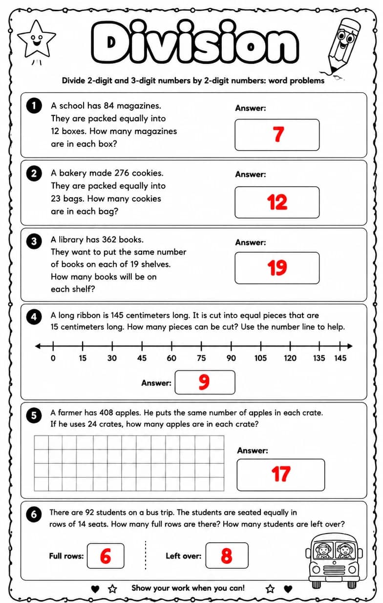 Answer key for Divide 2-digit and 3-digit numbers by 2-digit numbers: word problems — free printable Math worksheet