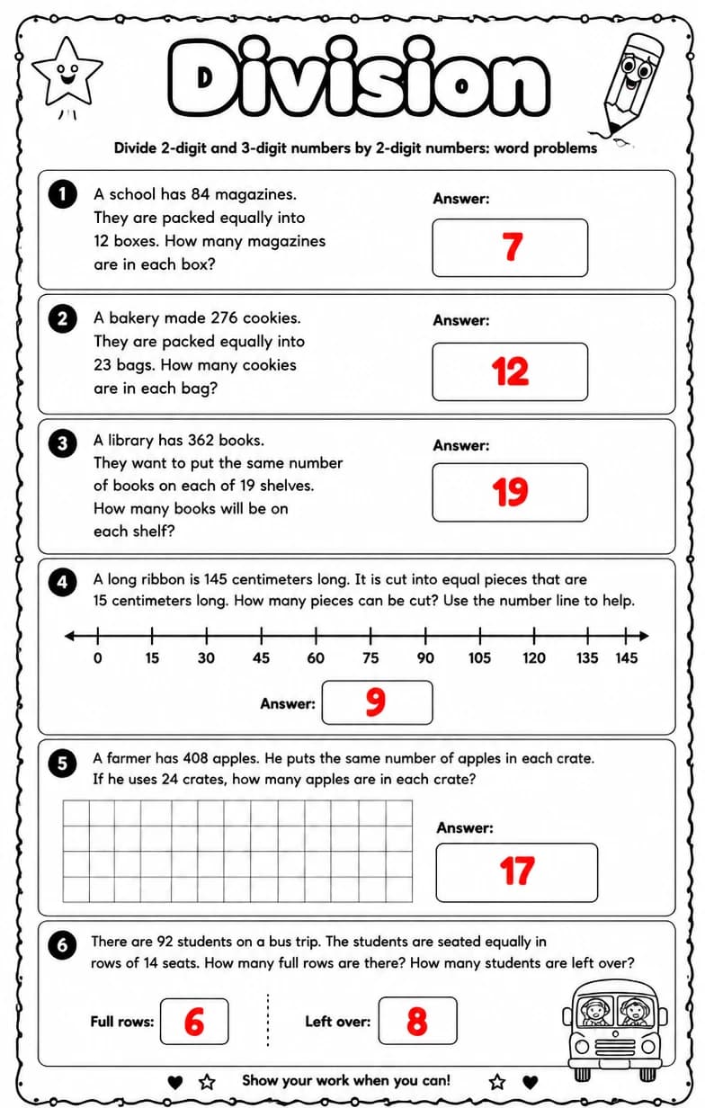 Answer key for Divide 2-digit and 3-digit numbers by 2-digit numbers: word problems — free printable Math worksheet