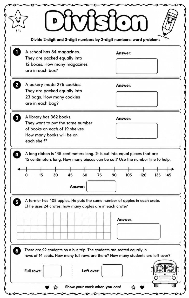 Divide 2-digit and 3-digit numbers by 2-digit numbers: word problems — free printable Grade 5 Math worksheet