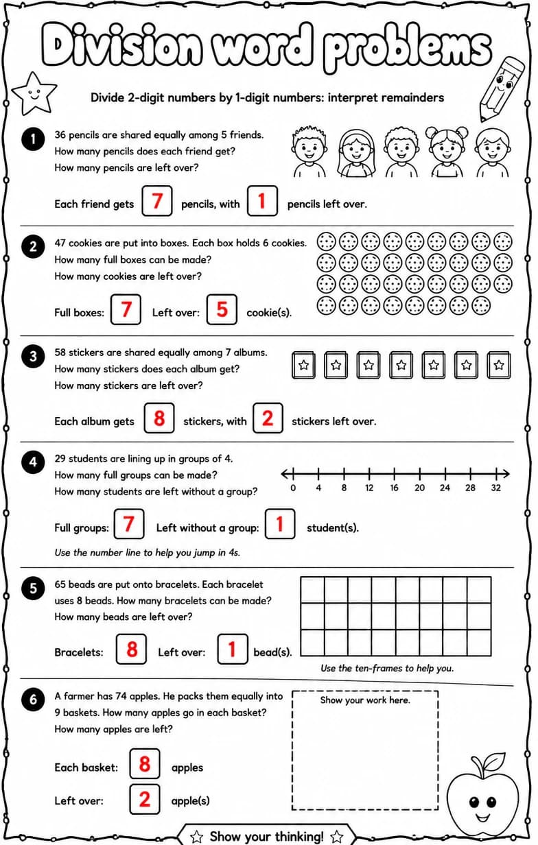 Answer key for Divide 2-digit numbers by 1-digit numbers: interpret remainders — free printable Math worksheet