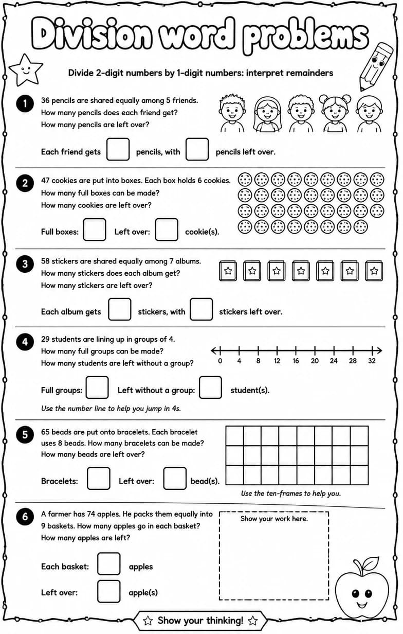 Divide 2-digit numbers by 1-digit numbers: interpret remainders — free printable Grade 4 math worksheet