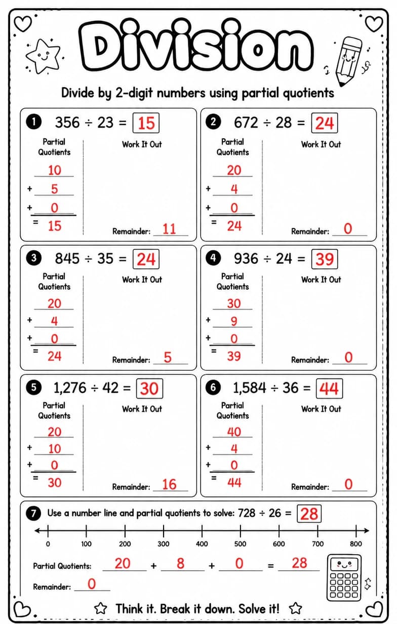 Answer key for Divide by 2-digit numbers using partial quotients — free printable Math worksheet