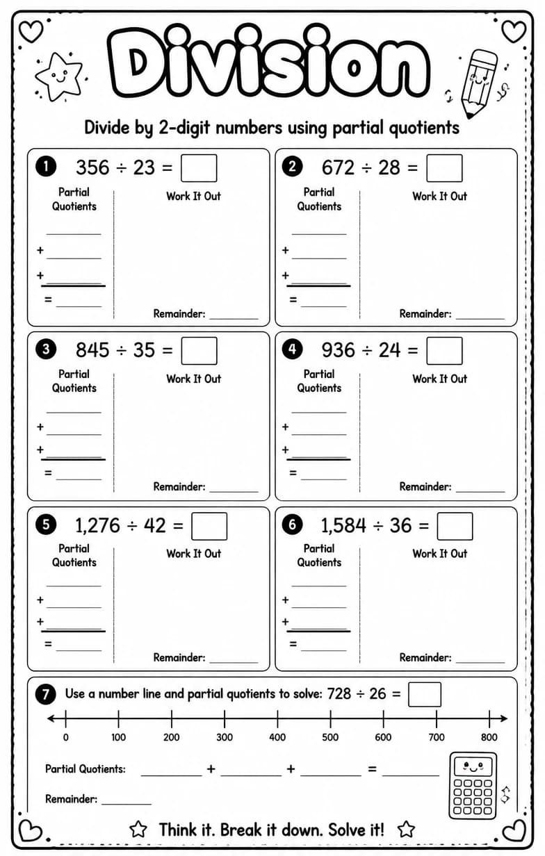 Divide by 2-digit numbers using partial quotients — free printable Grade 5 math worksheet