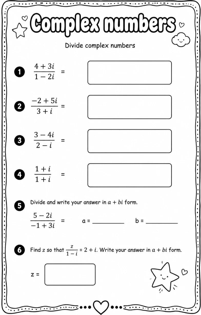 Divide complex numbers — free printable High School Math worksheet