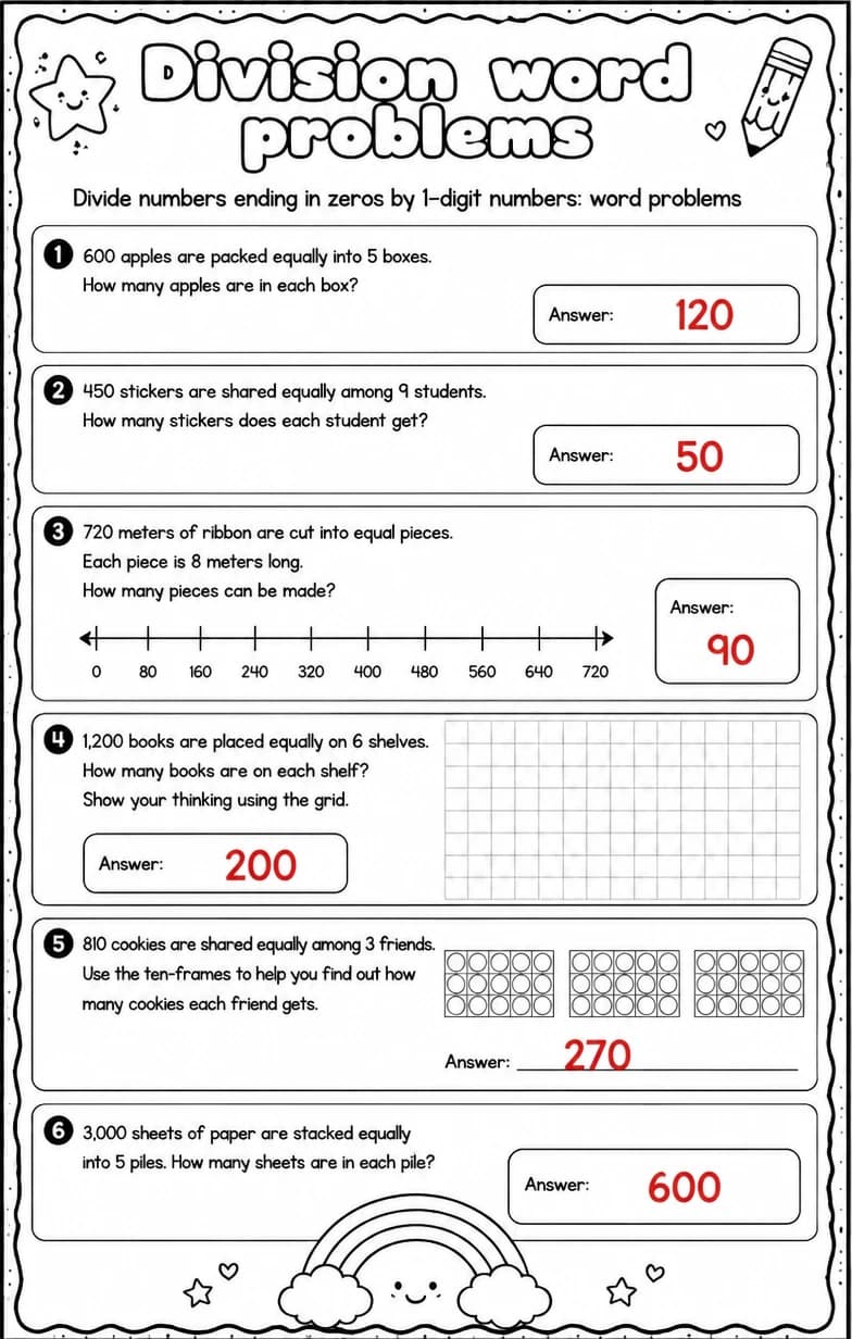 Answer key for Divide numbers ending in zeros by 1-digit numbers: word problems — free printable Math worksheet