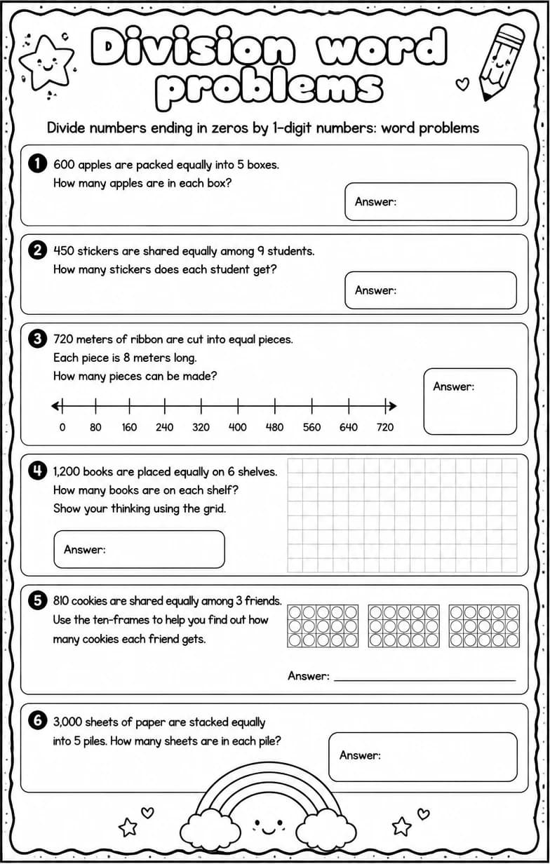 Divide numbers ending in zeros by 1-digit numbers: word problems — free printable Grade 4 math worksheet
